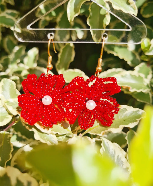 Red Pearl Flower Earrings